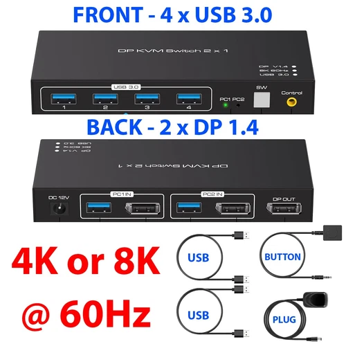 DP KVM Switch 2x1 DisplayPort 1.4 KVM 2 Port 4K 8K 60Hz USB 3.0 External Button