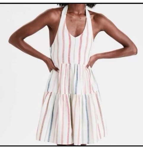 American Eagle Rainbow Striped Halter Neck BabyDoll Lined Mini Dress Women’s XL