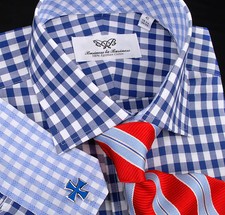 Mens Blue Formal Business Dress Shirt Top 10 Gingham Checkered Stylish Fashion