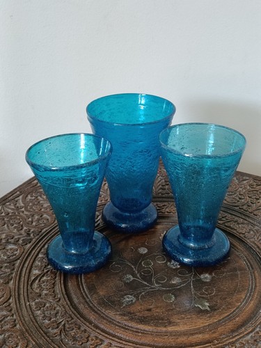 3 Antique Hand Blown Blue Glass Goblets Bubble Inclusions Rough Pontil 19th C