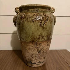 Rustic Crackle Glaze Terracotta Vase – 13” Heavy Pottery Urn Decor, Tuscan Style