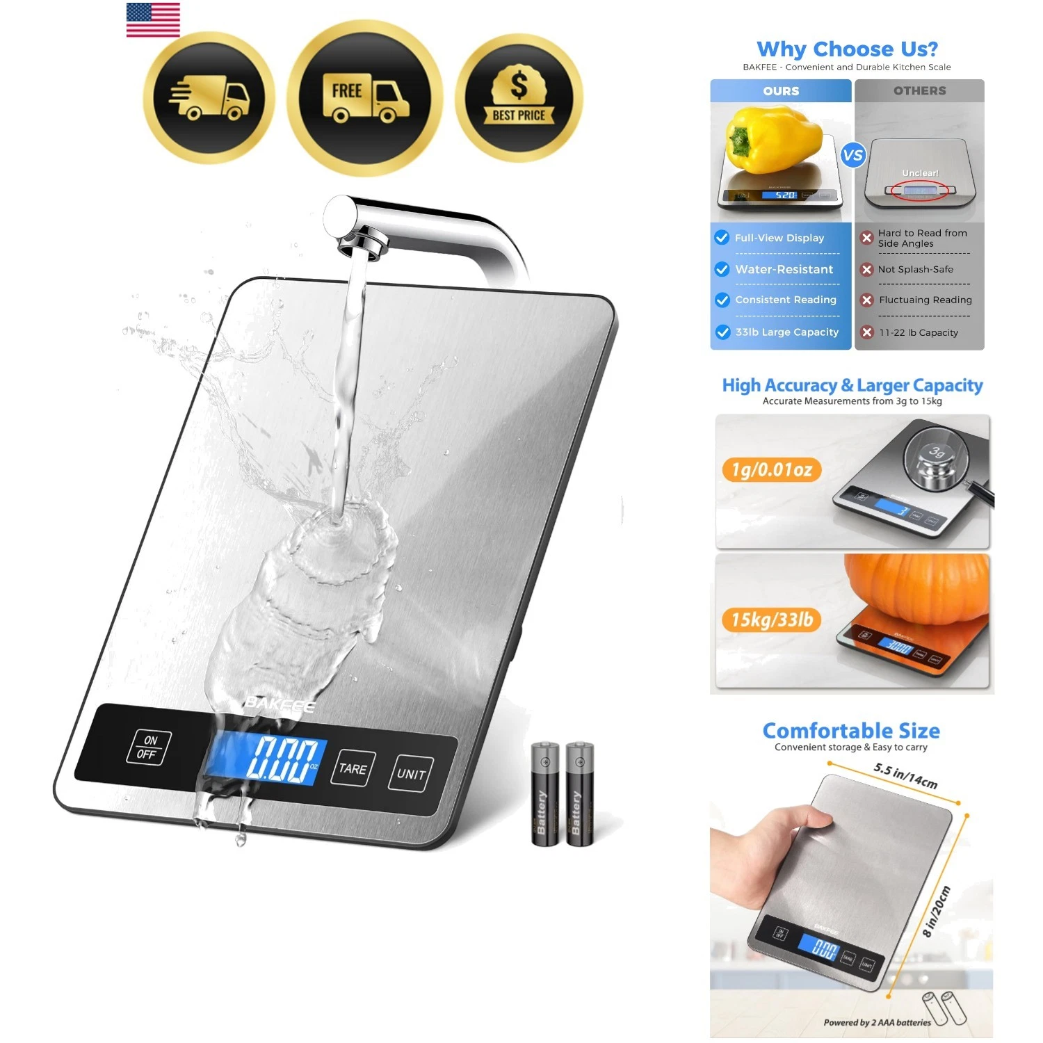 Food Scale - 15kg/33lb Digital Kitchen Scale with Full-View LCD Display, Gram...