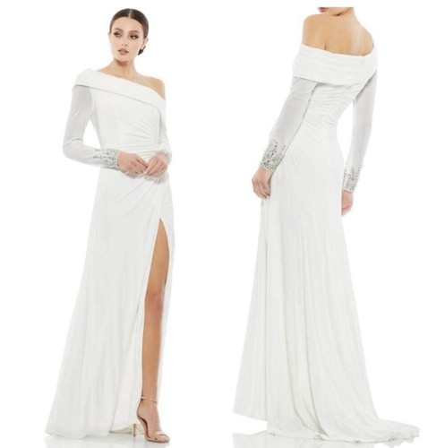 Mac Duggal White Off Shoulder Long Sleeve Beaded Cuff Side Slit Bridal Gown 