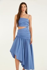 NWOT Farm Rio Cotton Asymmetric Irregular Pleated Midi Dress Sz S Hollowed Waist