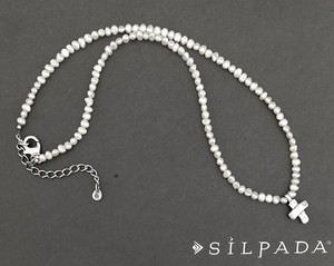 SILPADA Sterling Silver Textured CROSS Freshwater Pearl Beaded Necklace~#N2178