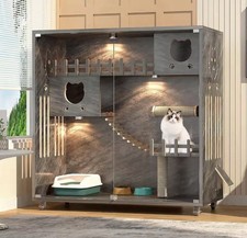 XL Wooden Cat Enclosure Villa Indoor Cat House W/ Glass Doors  Wheels