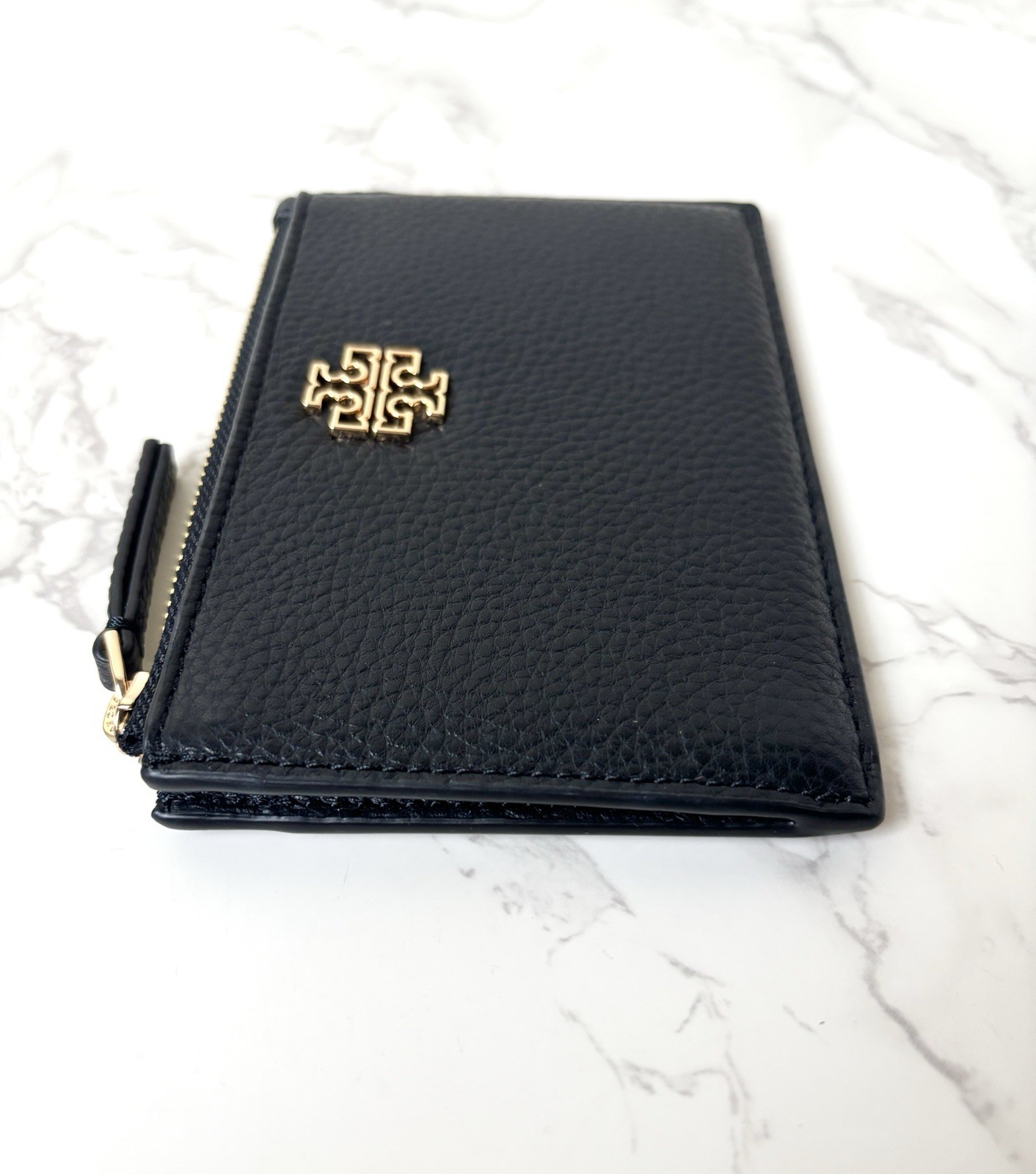 New Tory Burch Pebbled Leather Zip Card Case Wallet Black Gold Hardware thumbnail 5