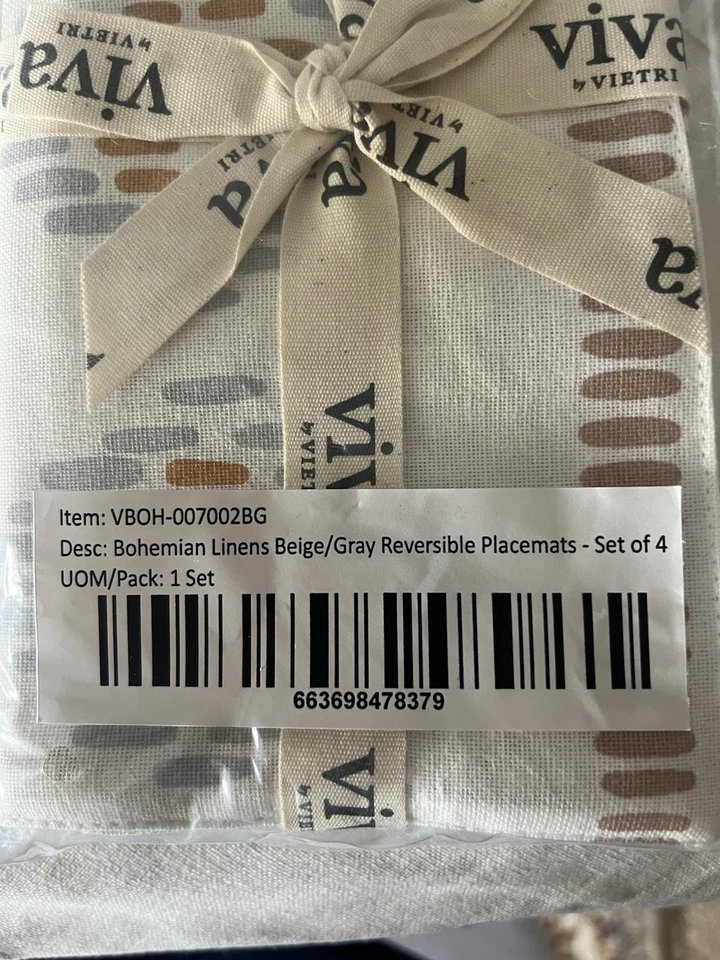 VIETRI VIVA Bohemian linen/set/4 Placemats/Set/4 Matching Napkins NEW Beige/Gray - Image 4 of 4