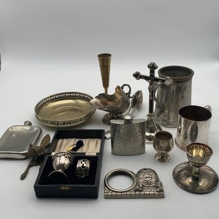 Mixed Lot Silver Plated Tableware & Decorative Items – Goblets Mugs Flask Cross
