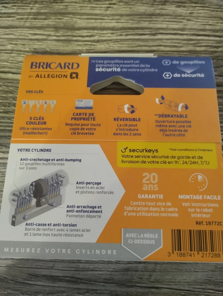 Cylindre BRICARD Mistral S2 débrayable L.30 + 30mm 5 clés Original. - Photo 2/2