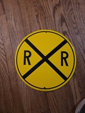 Vintage Railroad Crossing Sign by AAA Sign Co.  Round Yellow Diameter 11 3/4”