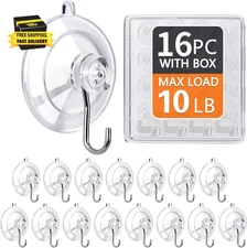 Suction Cup Hooks 16Pack - Max Load 10LB, 1.77Inch Clear Medium Suction Cups, No