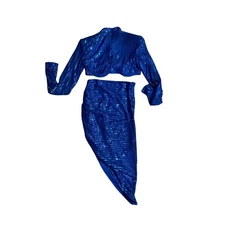 SHEIN BAE Set Size 4 Blue Sequin Crop Top Skirt Two Piece Party Clubwear
