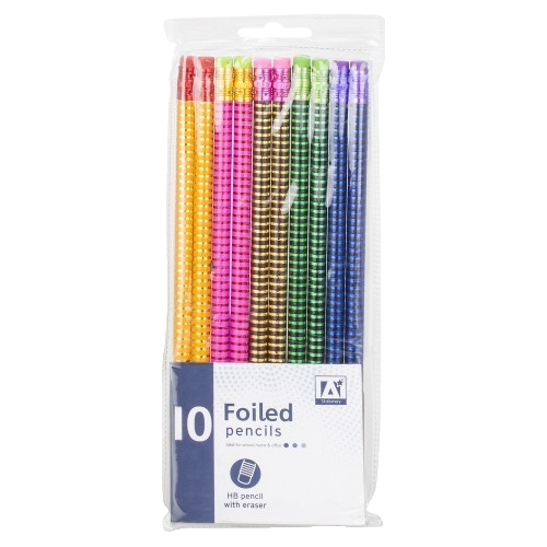10 Foiled HB Pencil Eraser Set School College Artist Stationery Colourful