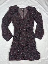 Zara Heart Print Mini Dress Long Sleeves Ruched Sides Surplice Neck Black XS