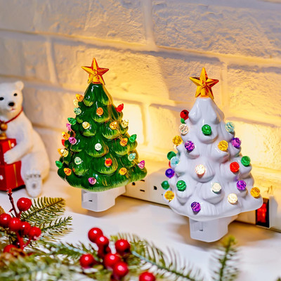 Ceramic Christmas Tree Night Light - 2 Pack Vintage Christmas Night Light with O