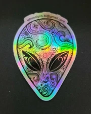 Trendy New Custom Holographic Alien Head Sticker Paisley Design Creative Art