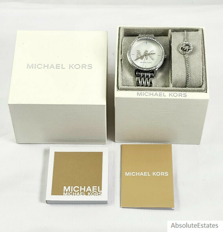 NEW Michael Kors Melissa Silver Crystal Watch Logo Bracelet Set