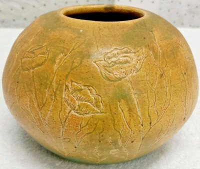 Art Pottery Stoneware Signed Vase Yellow Tan Earth tones With Floral Design 4x5''