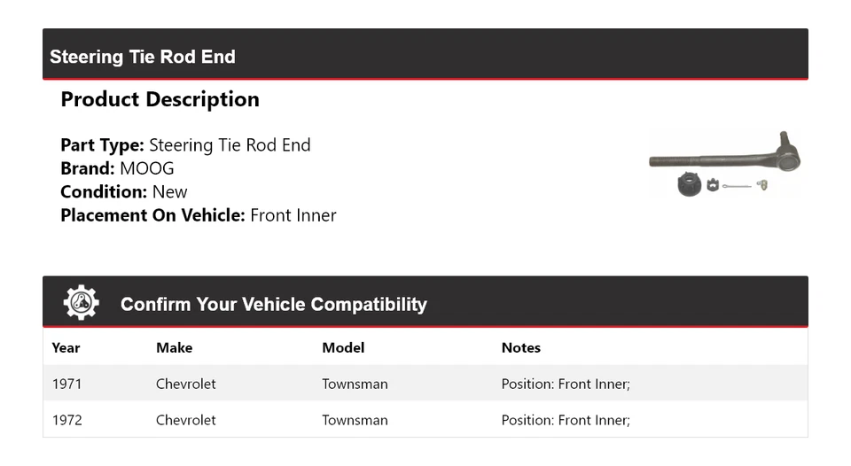 Для 1971-1972 Chevrolet Townsman руль анкерный конец передний внутренний MOOG - Изображение 2 из 4