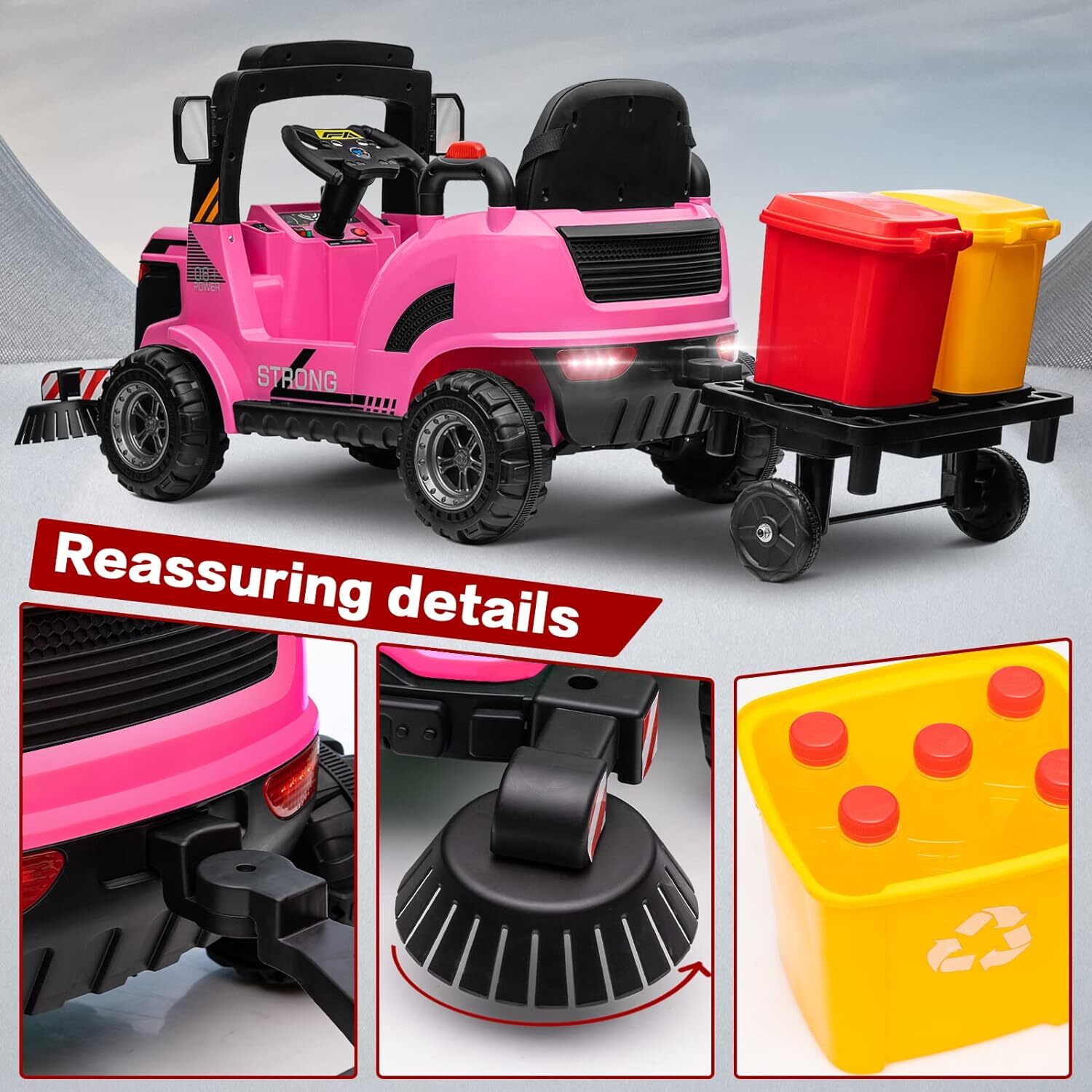 ZEOPHOL 12V Kids Ride On Toy Sweeper Truck Construction Car Trailer&Rubbish Bin