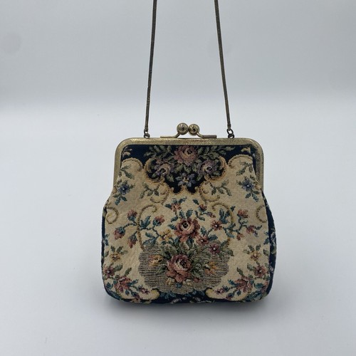 VTG Tapestry Petite Handbag Wristlet 1950-60’s Black Cream Red Baroque Chain - Picture 5 of 9