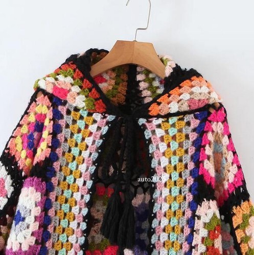Womens Crochet Handmade Cardigan Knit Long Rainbow Hooded Cardigan Sweater Coats - Picture 9 of 17