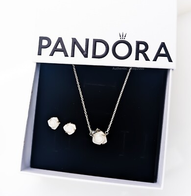NEW 100% PANDORA White Rose in Bloom Stud & Necklace
