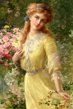 IN THE GARDEN BEAUTIFUL YOUNG LADY WITH FLOWERS PAINTING BY EMILE VERNON REPRO 