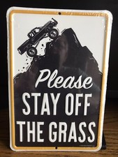 PLEASE STAY OF THE GRASS 4X4 EMBOSSED METAL SIGN NIP 6  X9  