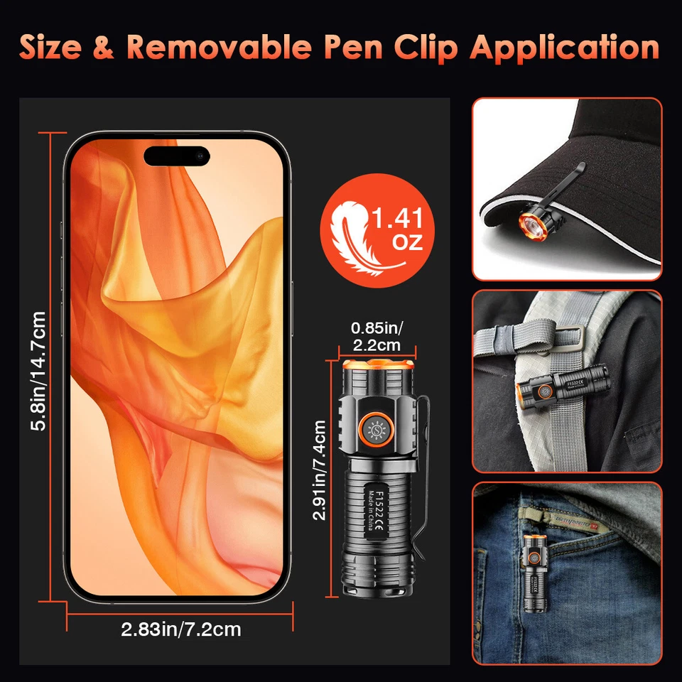 2X LED Rechargeable Mini Flashlight Magnetic EDC Pocket Torch Hat Light Headlamp - Image 3 of 4