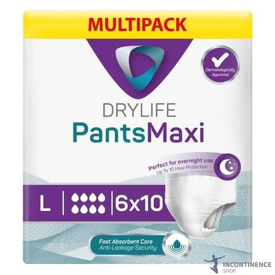 6x Drylife Unisex Incontinence Pants Maxi - Large - Pack of 10 - 2200ml