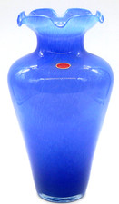 Murano Authentic Art Glass Large Ruffled Blue 14" Tall Vase Made Italy STUNNING