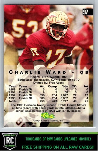 1994 Classic Four Sport Charlie Ward #97 Florida State Seminoles - Picture 2 of 2