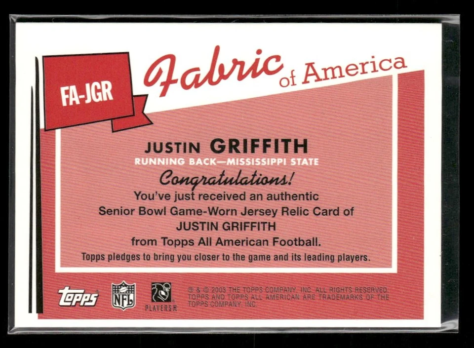 2003 Topps All American #FA-JGR Justin Griffith Fabric of America - Image 2 of 2