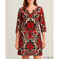 J.Crew Womens Red Floral Linen Shift Dress 3/4 Sleeve Size 0