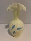 VINTAGE FENTON BLUE BIRDS ON  CUSTARD LARGE HAND PAINTED VASE SIGNED GLOWS
