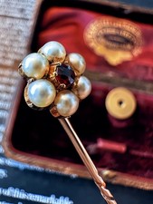 Antique 9ct Yellow Gold Ruby Pearl Tie Pin with Original Box 