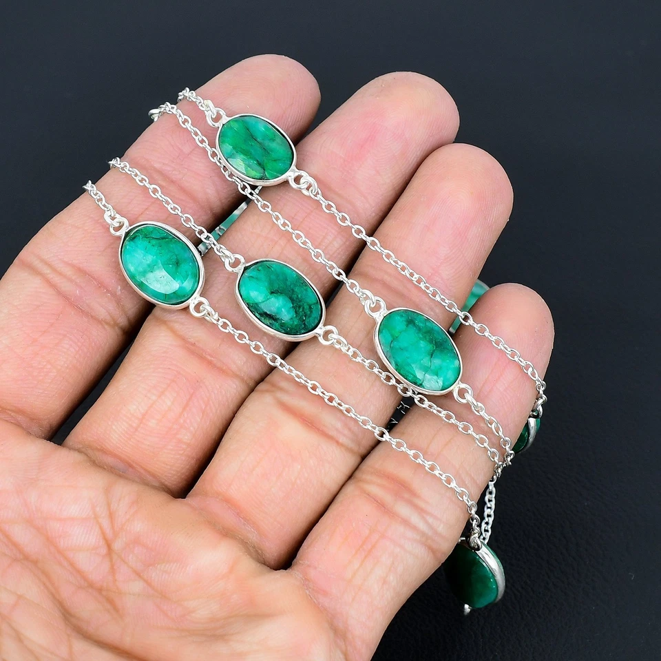 Zambia Esmeralda (Simulada) Ovalada Piedras Preciosas 925 Collar de Plata... - Imagen 4 de 4