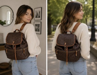 Calvin Klein Monogram Logo Backpack Brown & Gold with Adj. Strap