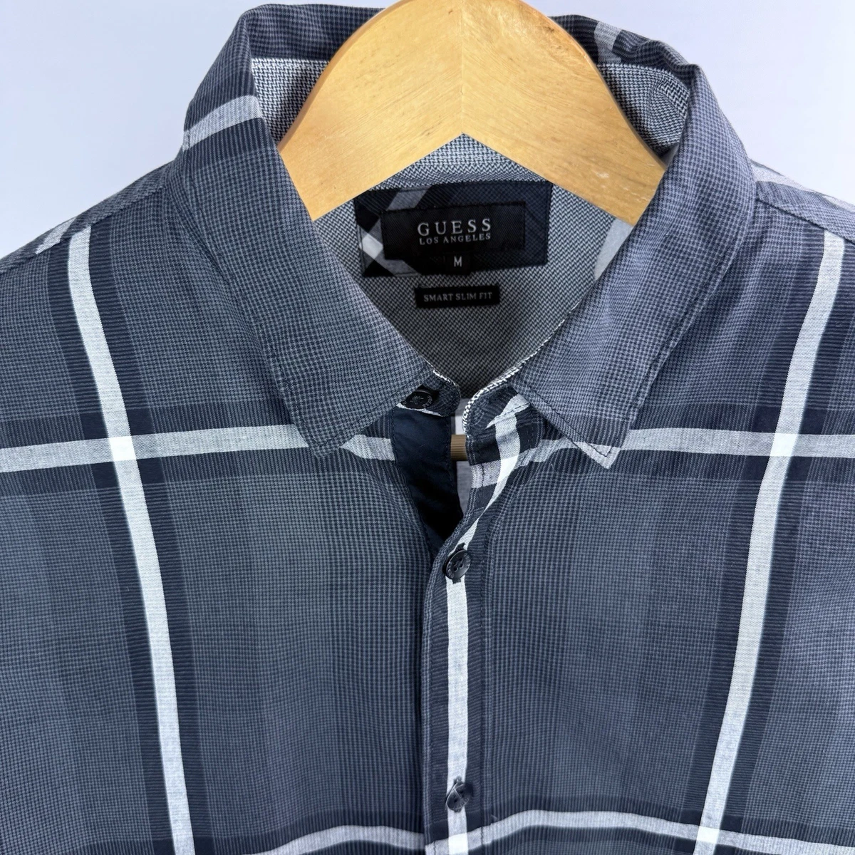 Camisa con botones Guess para hombre mediana delgada a cuadros arte decano negra puño abatible LS algodón