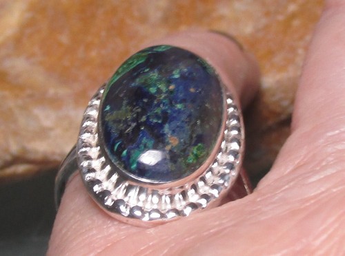 925 silver cabochon malachite in blue azurite Azurmalachite ring UK N/US 6.75. - Picture 4 of 5