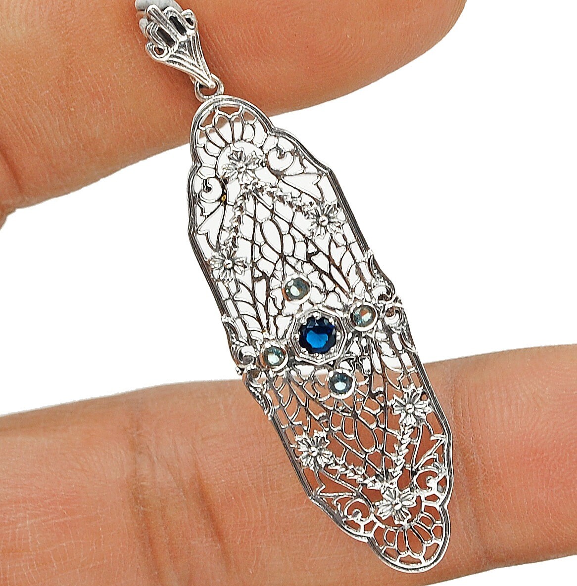 Treated Sapphire & Aquamarine 925 Sterling Silver Victorian Style Pendant AB1193