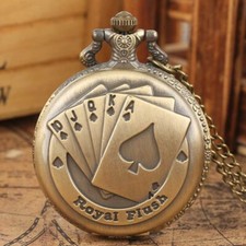 Men's Royal Flush Playing Poker Cards Quartz Pocket Watch Necklace Pendant Chain