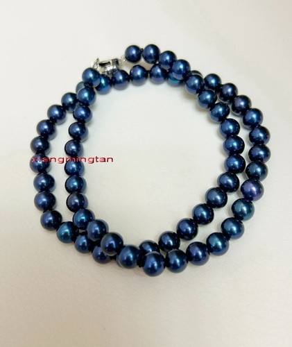 top luster 18"6-7mm natural real round TAHITIAN BLUE black pearl necklace 14K - Picture 2 of 6