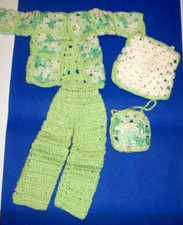 Vintage Barbie Hand Crocheted 4 piece Outfit - CARDIGAN, TOP, PANTS  PURSE