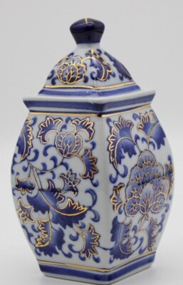 China Tea Jar Blue White Gold