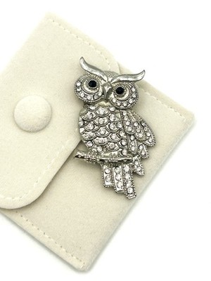Vintage Strass Eule Brosche silberfarben Vogel Anstecknadel Pavé Kristall Tierschmuck