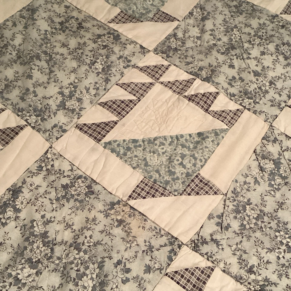 Цветочная корзина лоскутное одеяло 84 x 82 дюйма синий фермерский домик винтажный хлопок полный двойной - Изображение 4 из 4