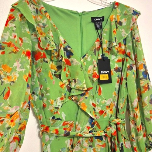 DKNY Dress 10 Green Floral Midi Ruffle Front Sash-Tie V-Neck Chiffon LS NWT - Picture 12 of 12
